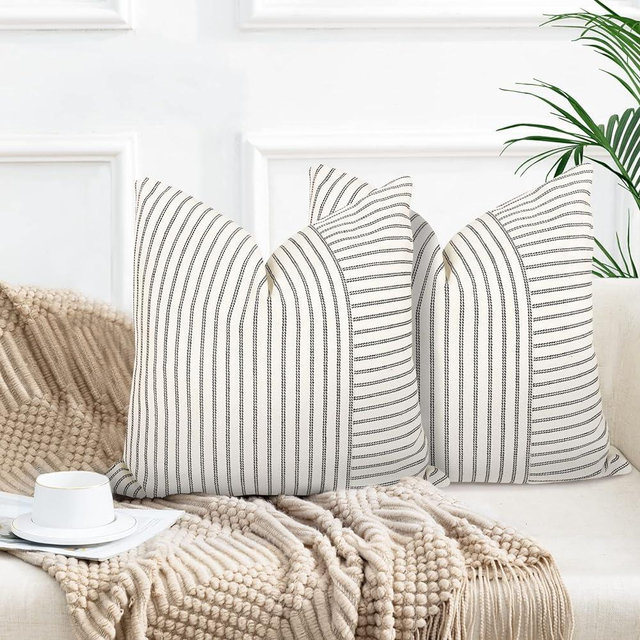 Farmhouse Pillow Covers 24x24, Modern Accent Square Throw Pillow Covers Set of 2, Black and Beige Striped Patchwork Linen Decorative Pillows Cushion Covers for Couch Chair Bedroom Fall Decorations