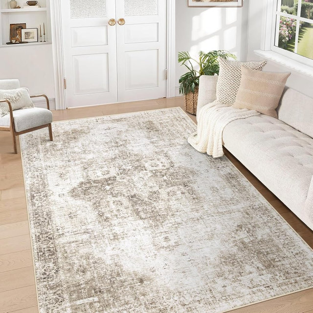 VECARF Area Rug 5x7 Washable Rug, Vintage Boho Medallion Rugs Non-Slip Soft Low Pile Large Distressed Rug Indoor Retro Carpet for Living Room Bedroom Dining Room Home Office (Taupe, 5'x7')