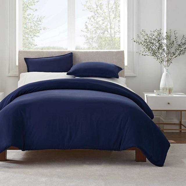 SERTA Simply Clean Ultra Soft Hypoallergenic Stain Resistant 3 Piece Solid Duvet Cover Set, Navy, King