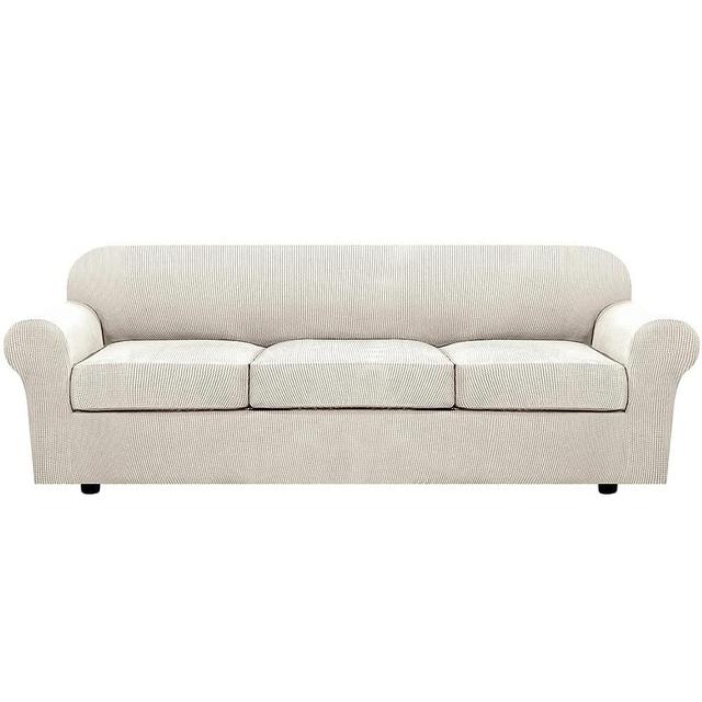 H.VERSAILTEX 4 Piece Stretch Sofa Covers for 3 Cushion Couch Covers for Living Room Furniture Slipcovers (Base Cover Plus 3 Seat Cushion Covers) Upgraded Thicker Jacquard Fabric (XL Sofa, Ivory)