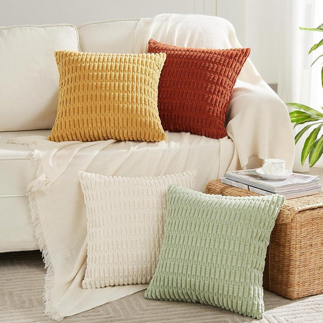 Fancy Homi 4 Packs Boho Fall Euro Decorative Throw Pillow Covers 26x26 Inch for Living Room Couch Bed, Rustic Farmhouse Home Decor, Soft Plush Striped Corduroy Square Colorful Cushion Case 66x66 cm