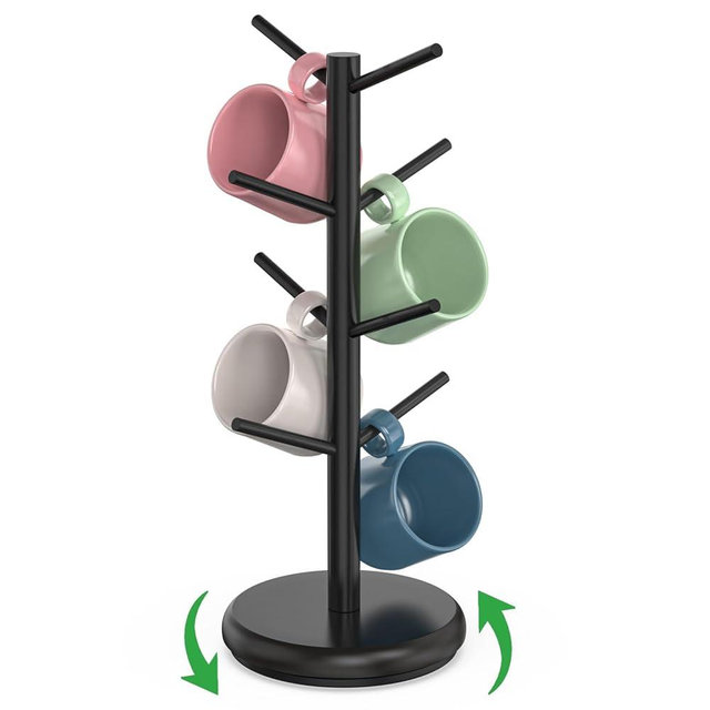 BAMBANG Coffee Mug Tree, 360° Rotating Bamboo Cup Holder Tree for Counter Top, Mug Rack with 8 Hooks, Mug Stand for Coffee Bar, Home, Black