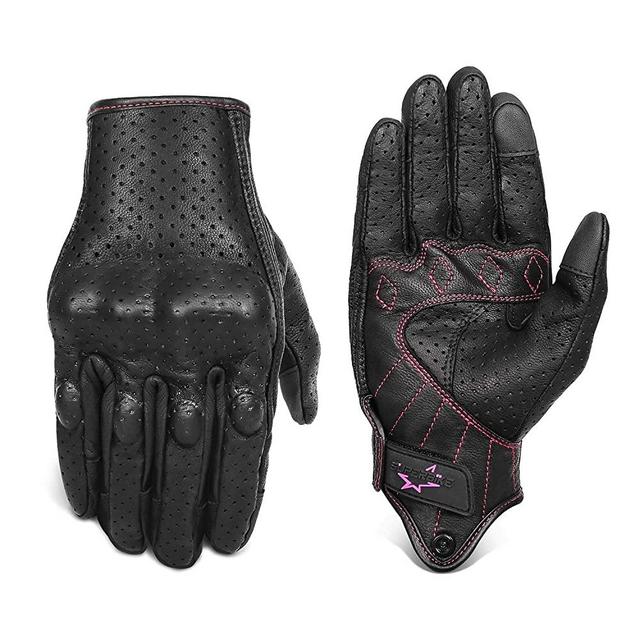 Women ’s Touchscreen Motorcycle Gloves Full Finger Black Leather Armored Ladies Motorbike Gloves (G01W-Black Leather with Rose Line, M)