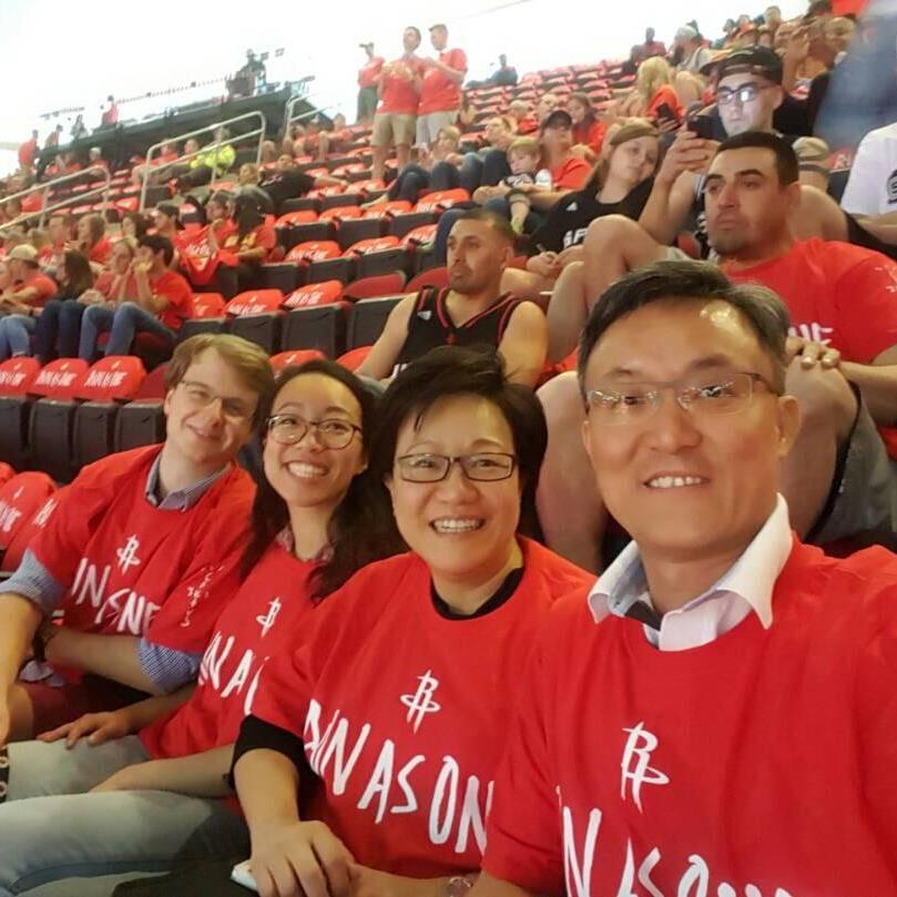Cheering on the Houston Rockets with Denise's family at Game 6 against San Antonio Spurs.