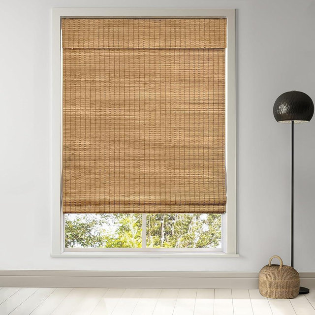 LazBlinds Cordless Bamboo Roman Shades, Privacy Blinds for Interior Windows, Room Darkening Roll Up Bamboo Blinds for Home & Patio, 34" W x 64" H, Highfield Teak