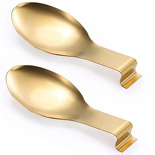 Stainless Steel Spoon Rest Golden - Set of 2 - Kitchen Spatula Ladle Holder for Cooking Home Decor