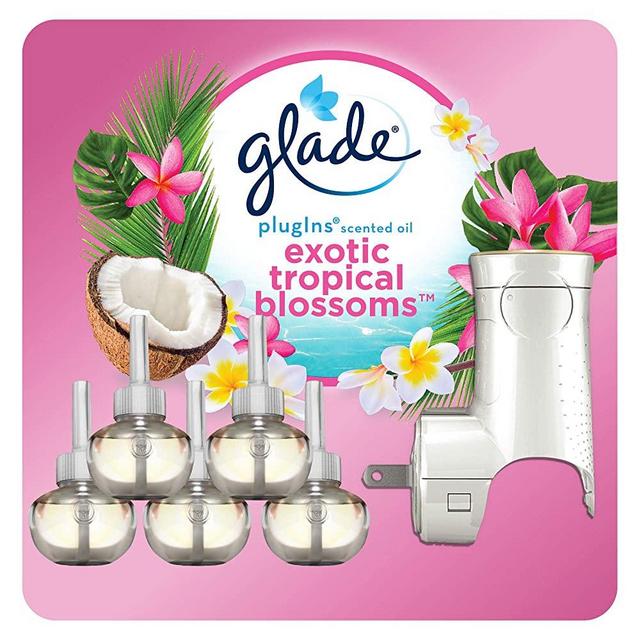 Glade PlugIns Refills Air Freshener Starter Kit, Scented and Essential Oils for Home and Bathroom, Tropical Blossoms, 3.35 Fl Oz, 1 Warmer + 5 Refills