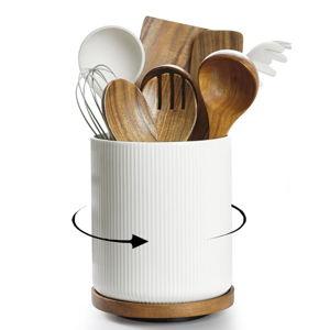 getstar Large Kitchen Utensil Holder for Kitchen Counter (H7.2” x W6.2”), Ceramic Cooking Utensil Holder with Cork Mat (White, Large(7.2") with Rotating Base)