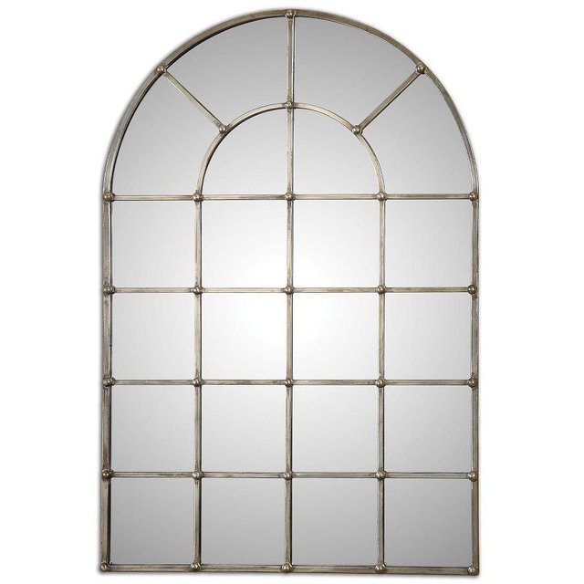 Jaycee Arch Windowpane Wall Mirror, 29.5"W x 44"H, Silver