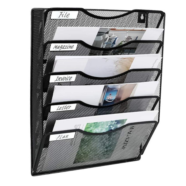 EasyPAG Wall File Holder 5 Pocket Mesh Hanging Wall Organizer Vertical Hanging File Folder Holder Magazine Rack with Nametag Label for Mail Paper Organization,Black