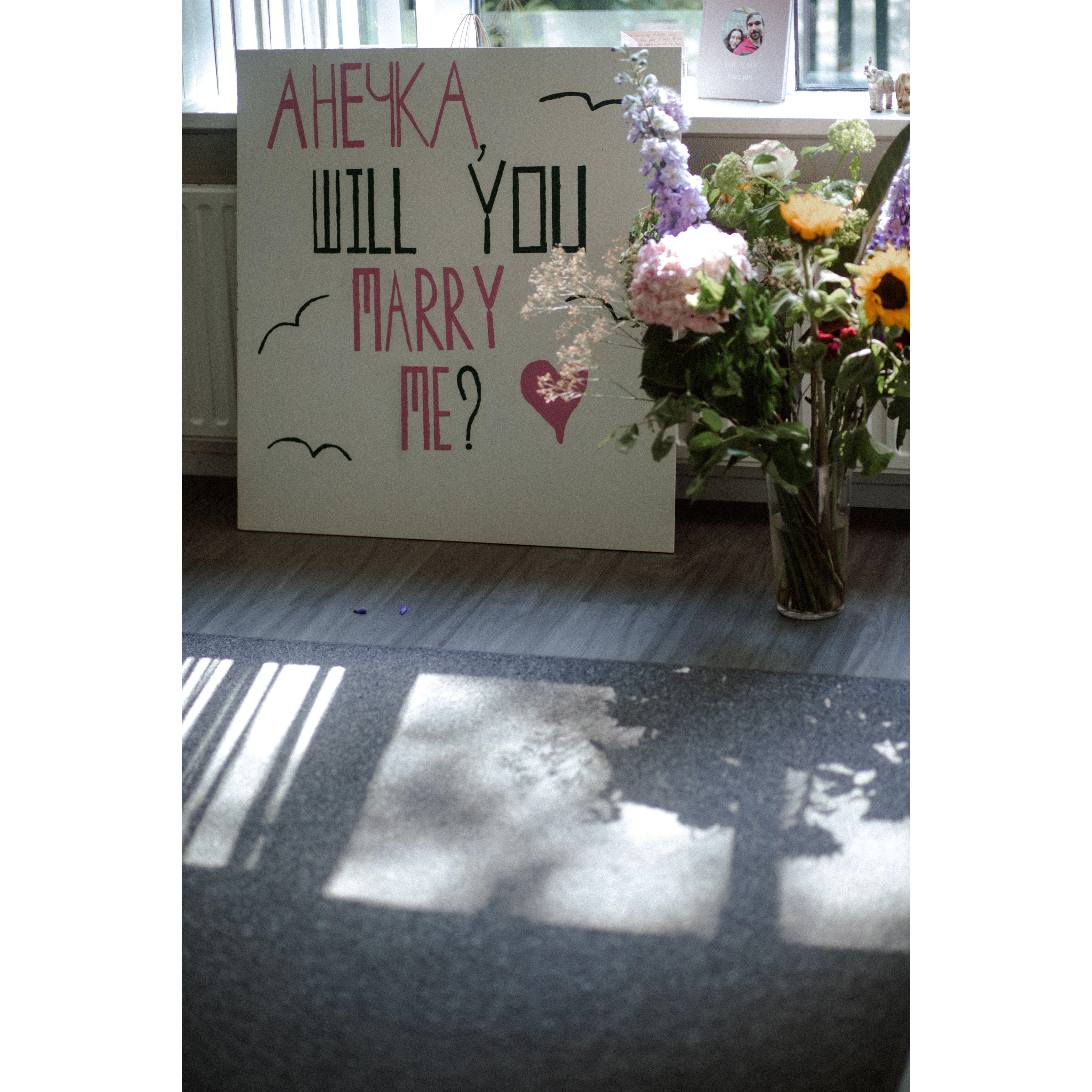 The proposal banner. Marc-Andre thought that Thursday morning before work is the best time to propose.