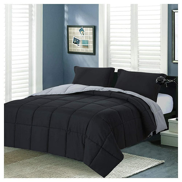 Homelike Moment Lightweight Comforter Set Queen Reversible All Season Down Alternative Bed Comforter Set Summer Blanket 3 Piece - 1 Comforter 2 Pillow Shams Full / Queen Size Black / Light Grey