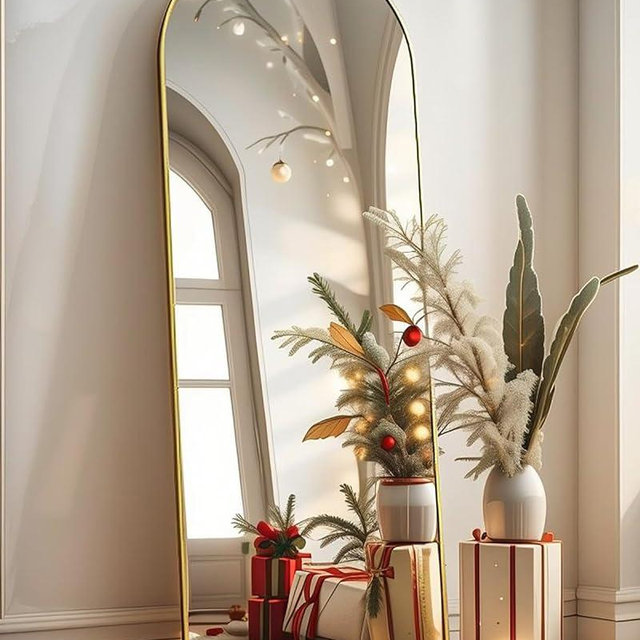 BEVERDY 18"x58" Arched Full Length Mirror, Full Body Mirror, Floor Mirror, Freestanding, Aluminum Alloy Frame, Wall Mounted or Lean on The Wall for Bedroom,Gold