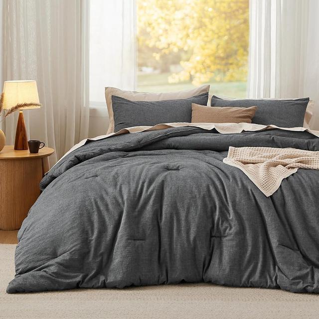 Bedsure Cotton Comforter Set King Size - Dark Grey Washed Cotton Comforter, Soft Bedding for All Seasons, 3 Pieces, 1 Comforter (104"x90") and 2 Pillow Cases (20"x36")
