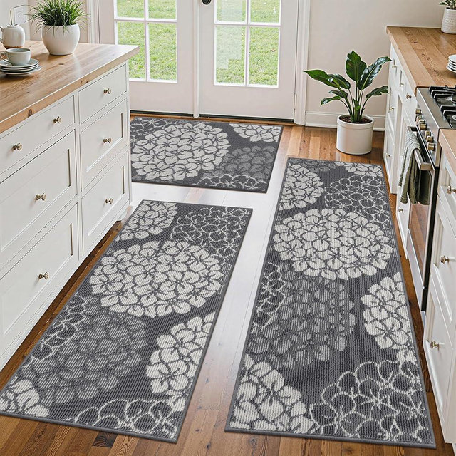 Vaukki Floral Kitchen Rug Sets of 3, Non Slip Kitchen Mats for Floor, Soft Machine Washable Kitchen Rug Runner, Farmhouse Kitchen Floor Carpet for Kitchen, Laundry (Grey, 20"x32"+20"x48"+20"x59")
