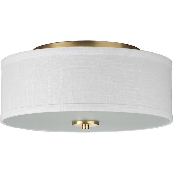 Inspire Collection 2-Light Satin Brass Summer Linen Shade Transitional Kitchen Ceiling Light Drum Flush Mount