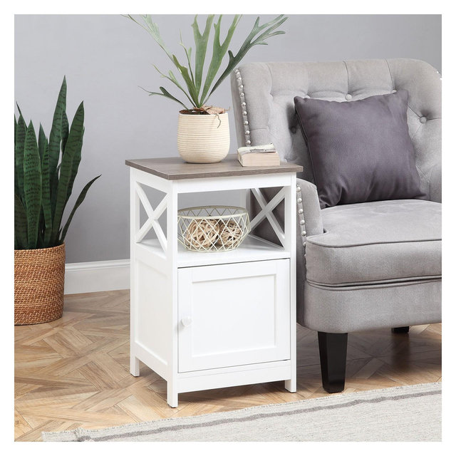 HomeStock Belmont End Table with Cabinet and Two Shelves, Sleek Contemporary Frame, Functional Hidden Storage Side Table for Any Living Space