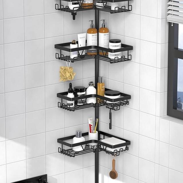 KEGII Corner Shower Caddy Tension Pole - Shower Tension Rod Organizer, Floor to Ceiling Shower Caddy 25-114.2 inch, Towel Rack Corner Waterproof, Black