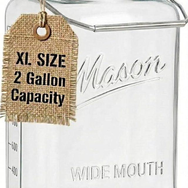kitchentoolz Large 2 Gallon Glass Mason Jar with Big Airtight Metal Lid and Carry Handle – Wide Mouth Square Container with Measurements for Dry Goods, Bulk Storage, and Food Prep