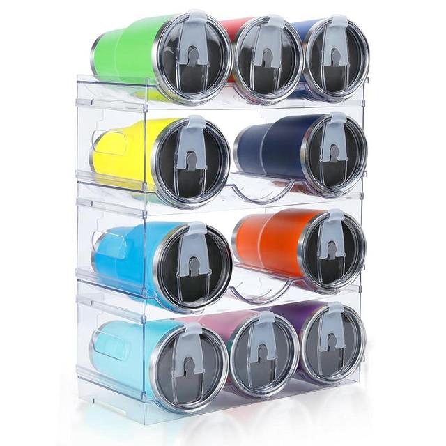 Damomo [Large Compartment] Water Bottle Organizer for Cabinet, 4 Pack Stackable Water Bottle Organizer, Clear Water Bottle Holder for Tumbler Travel Mug Cup, Kitchen Pantry Organization and Storage