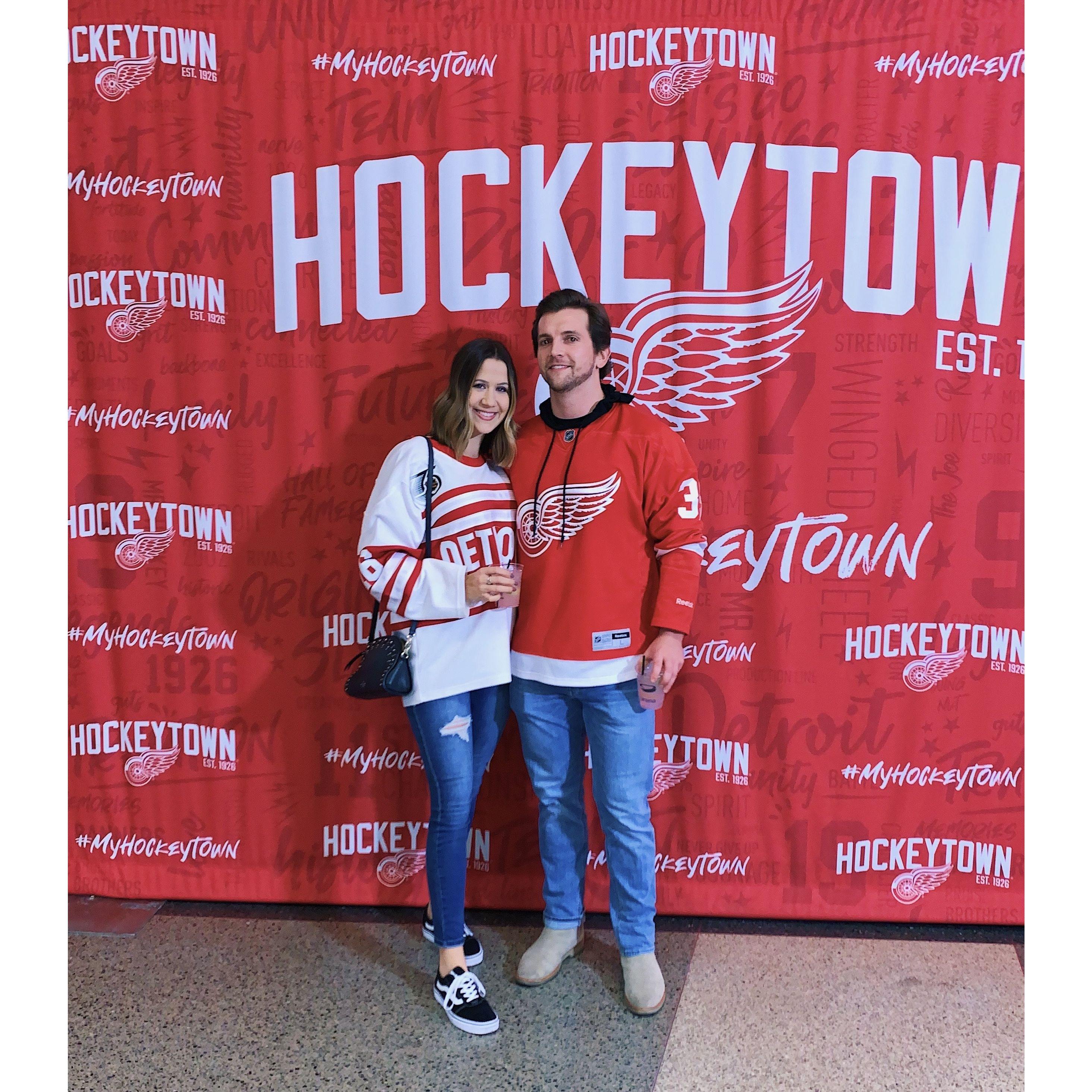 November 2019: Our first photo together at our 3rd date at a Red Wings game.