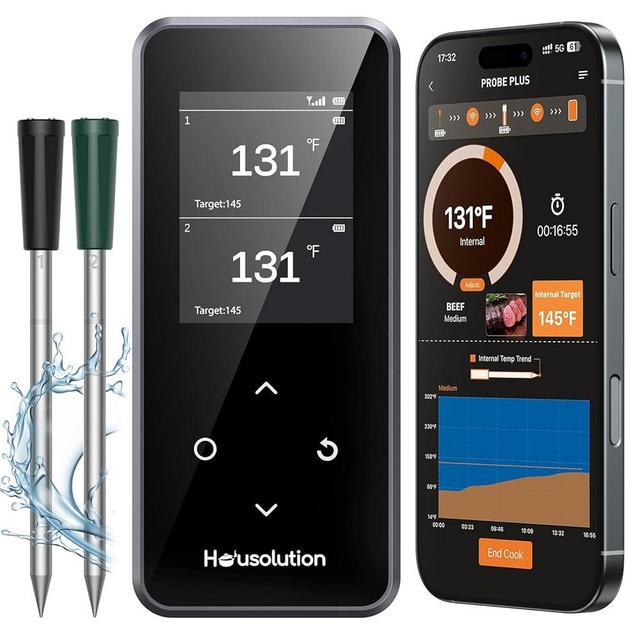Housolution Wireless Bluetooth Meat Thermometer, Smart App & Standalone Base with Control, 2 Ultra-Thin Probe, Remote Connection Range, Digital Food Thermometer for Cooking, Grilling, Smoking, BBQ