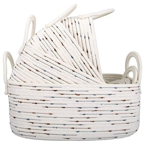 LA JOLIE MUSE 15 Inch Cotton Rope Woven Storage Basket Set of 4, Stackable Multipurpose Organizer Bins with Handles, Beige & Polka Dots