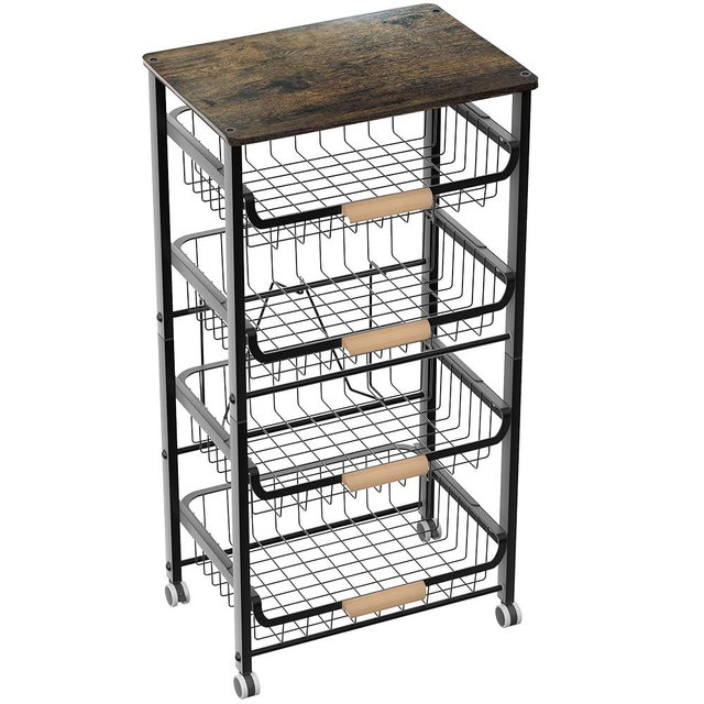 NiuYichee 5-Layer Fruit Basket Kitchen Food Storage Organizer and Storage Rack, Stackable Storage cart with Desktop, Pull-Out Hollow Metal Storage Basket, Wheeled Sorting Rack Spice Rack,Black