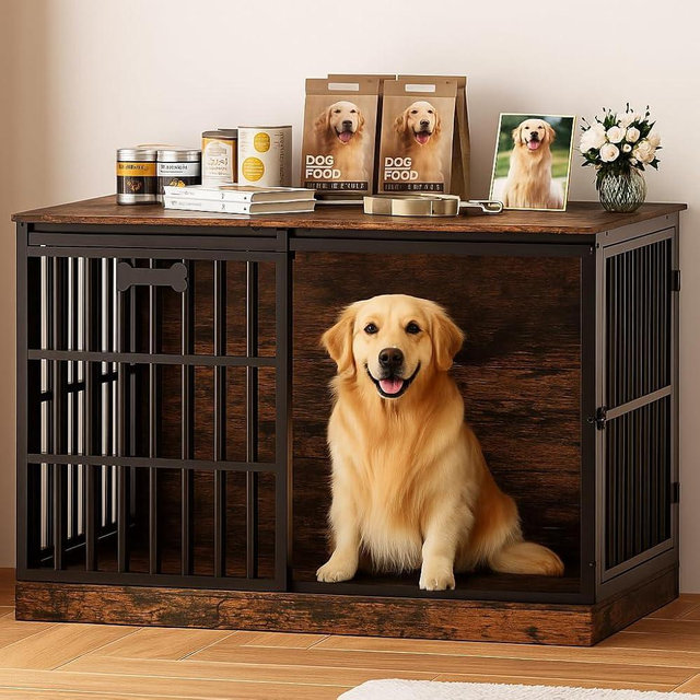 Petrova 47" Dog Crate Furniture for Large/Medium Dogs, Heavy Duty Dog Kennel Indoor with Name Tag, Wooden Dog Cage with Sliding Barn Door, Decorate House as TV Stand, End Table, Brown