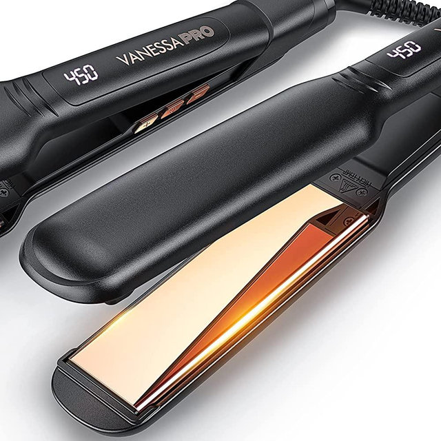 VANESSA PRO Flat Iron Hair Straightener, 100% Pure Titanium Flat Iron for One Pass to Achieve a Sleek Look, Curls Beautifully & Straightens Well - 2 inches