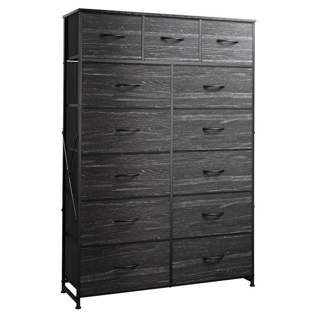 WLIVE Tall Dresser for Bedroom with 13 Drawers, Storage Dresser Organizer Unit, Fabric Dresser for Bedroom, Closet, Chest of Drawers, Steel Frame, Wood Top, Charcoal Black Wood Grain Print