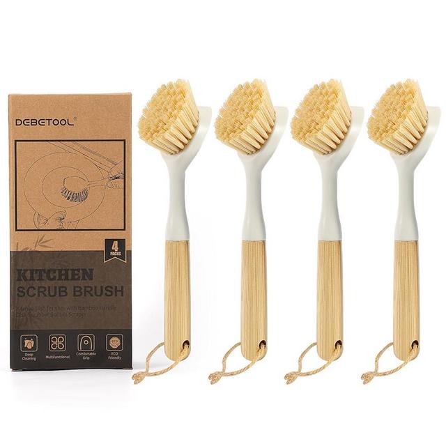 DEBETOOL Dish Brush with Built-in Scraper - 4 Pack Bamboo Dish Scrubber Brush with Handle, Kitchen Brushes for Dishes & Pots, Sink, Eco Cleaning Tool Set