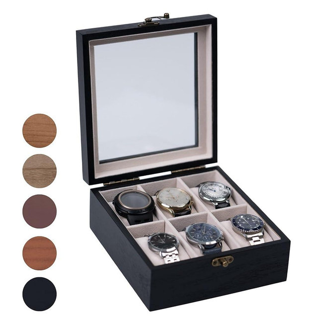 Exper City Watch Box, Watch Case for Men Women with Large Glass Lid, Wooden Watch Display Storage Box with 6 - Slots, Charcoal Black 6x2 Mens Watch Box Organizer