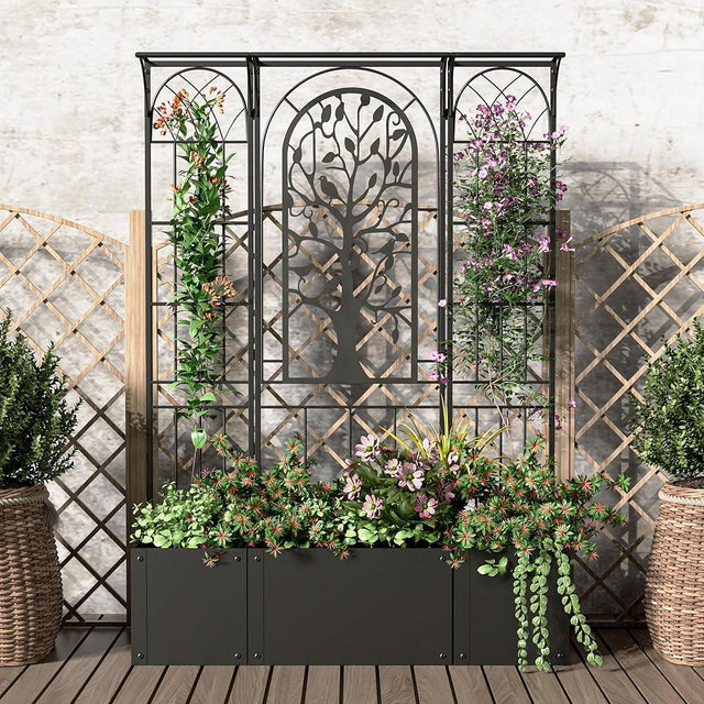 Metal Planter Box with Trellis, Raised Garden Bed with Trellis Privacy Screen, 62 inch Tall Trellis Planter for Climbing Plants, Flowers, Vegetables, Fruits, Balcony and Patio Decor (Black)