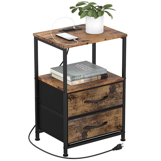 Nightstand with Charging Station, End Side Table with USB Ports and Outlets, Industrial Bedside Table with 2 Fabric Storage Drawers for Bedroom Living Room Dorm, Brown