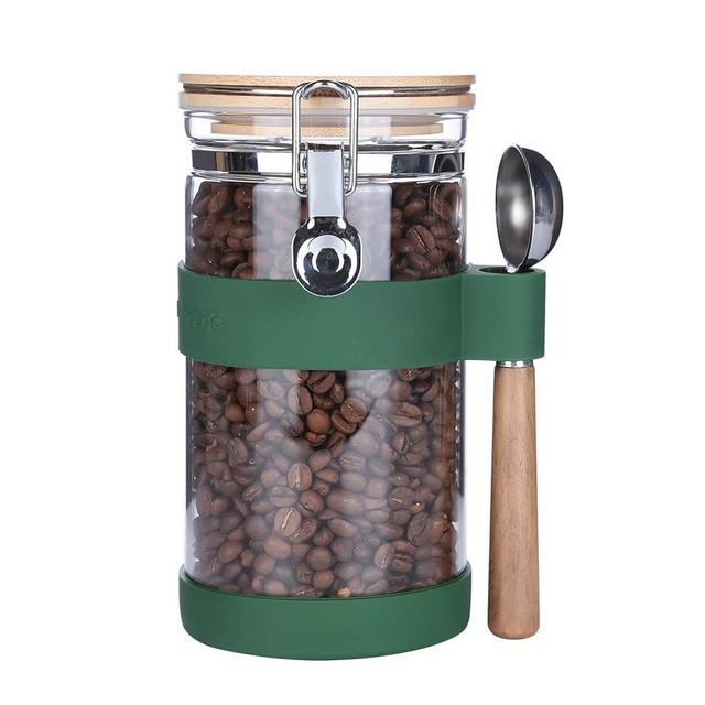 KKC Vacuum Sealed Coffee Bean Storage Container with Scoop for 1 lb Beans,Airtight Glass Coffee Jar Canister with Scoop,Glass Storage Canisters with Hinged Lid,40 Fluid Ounce