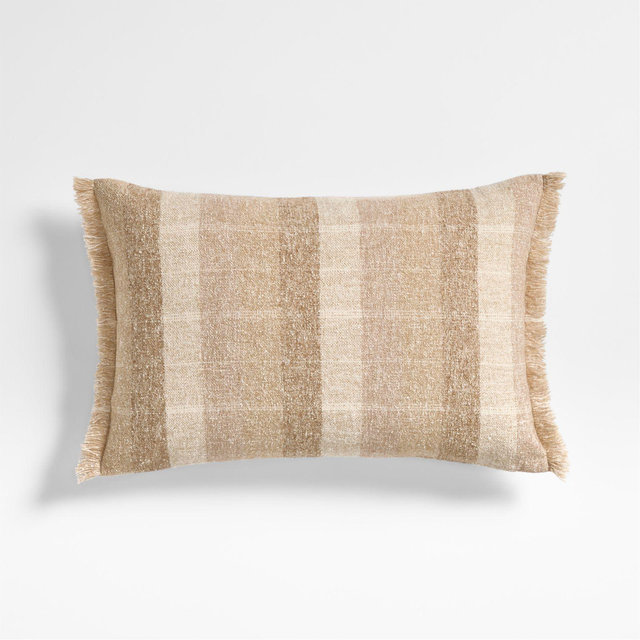 Agnes Woven Wool Blend Fringe Stripe 24"x16" Arctic Ivory Throw Pillow with Down-Alternative Insert