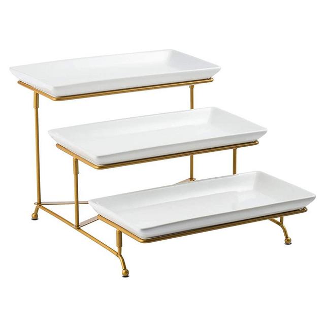 3 Tier Serving Stand with Porcelain Serving Platter Tier Serving Trays with Collapsible Sturdier Rack Gold