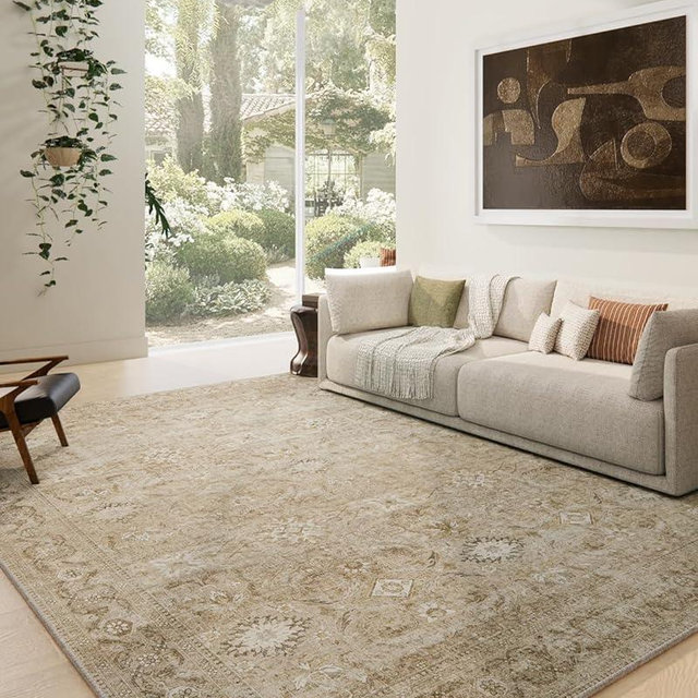 Washable Living Room Area Rugs: 9'x12' Large Rug Stain Resistant Distressed Vintage Boho Rug Non Slip Low Pile Faux Wool Soft Rug for Bedside Kitchen Farmhouse Nursery Playroom Dining Room Bedroom