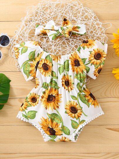 Baby Sunflower Print Guipure Lace Detail Bodysuit & Headband