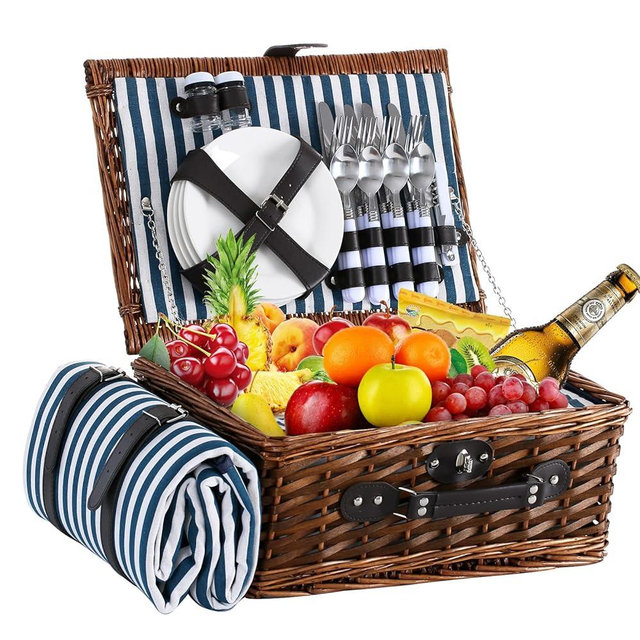HYBDAMAI Wicker Picnic Basket for 4 with Waterproof Picnic Blanket and Insulated Cooler, Willow Hamper for Camping, Outdoors, Photoshoot, or a Birthday, Valentine’s Day, Wedding Gift