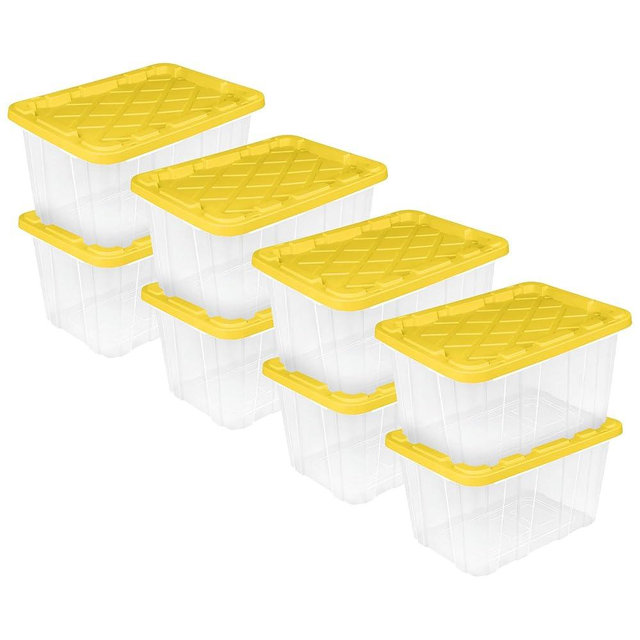Sterilite 8-Pack 27 Gallon Industrial Tote, Clear Plastic Storage Container Bins with Yellow Lids - Heavy-Duty Organizing Containers for Closet, Bathroom, and Office
