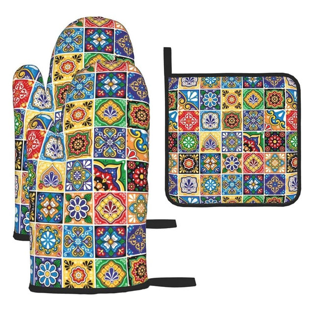 Mexican Talavera Tile Oven Mitts and Pot Holders Sets of 3, Heat Resistant Non-Slip Polyester Colorful Talavera Kitchen Gloves Gifts for Cooking Lovers, Vibrant Kitchen Decor for Baking BBQ Cooking