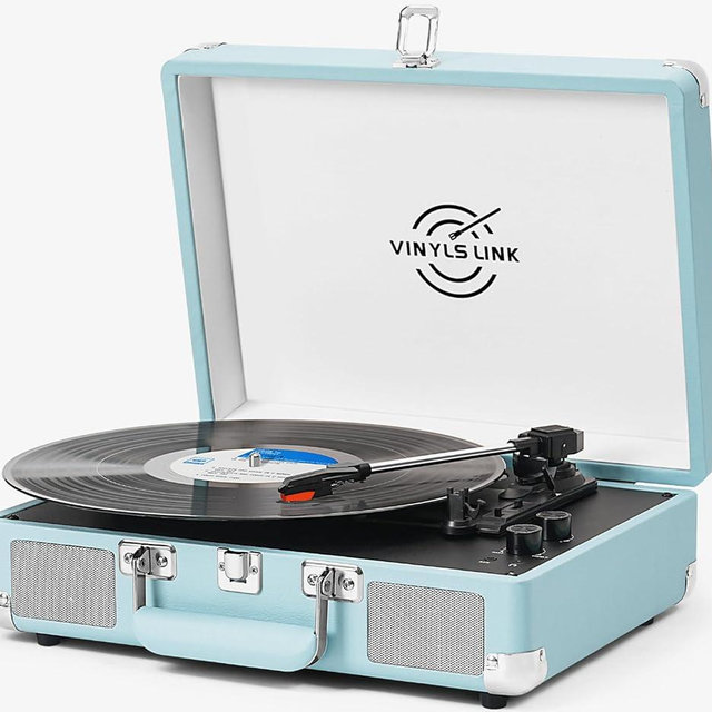 Vinyl Record Player 3-Speed Bass Control Bluetooth Suitcase Portable Belt-Driven Record Player with Built-in Speakers RCA Out Headphone Jack Vintage Turntable Blue