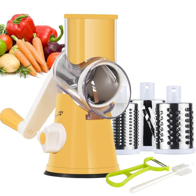 Ourokhome Rotary Cheese Grater Hand Crank, Kitchen Shredder Speed Mandolin Slicer Nut Grinder with Handle and Drum Blades for Cheese, Vegetable, Walnut, Chocolate, Potato, Carrot, 3 Blades, Yellow