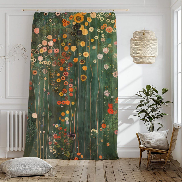 Window Curtains (1 Piece), Gustav Klimt Inspired Home Décor, Botanical Green Woodland Floral Cottagecore Blackout Curtains, Drapes