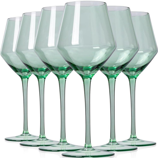 Colorsavant Green Wine Glasses Set 6-16oz, Long Stem, Universal Size for White and Red Wine - Springtime Green Wine Glasses - Hand Blown pale sage green Stemware for Elegant Dining Experience