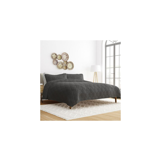 Quilted Coverlet and Shams Set Damask Square Herringbone Pattern - Becky Cameron, Damask / Gray, Full/Queen