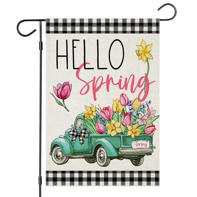 EKOREST Hello Spring Garden Flags for Outside, Buffalo Plaid Truck with Flowers Yard Decoration, Small Seasonal Summer Outdoor Decor for Farmhouse Holiday,12x18 Inch Double Sided