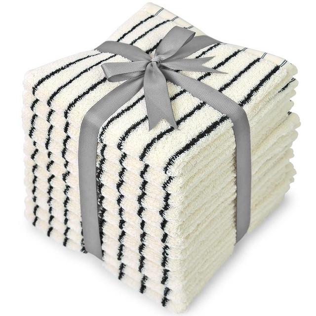 Jacquotha Striped Cotton Washcloths 12 Pack, 13” x 13” - Soft Wash Cloths for Bathroom, Kitchen, Gym, Face, Black and Cream